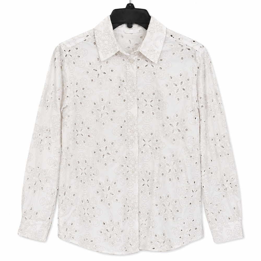 ZARA Eyelet Button Down Shirt Womens Small White Tan Floral Boho Long Sleeve
